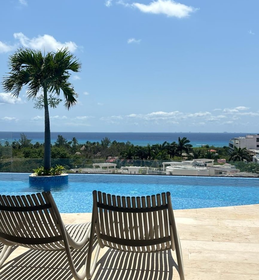 Two lounge chairs facing an infinity pool with a palm tree and a view of the ocean from a rooftop in Playa del Carmen.